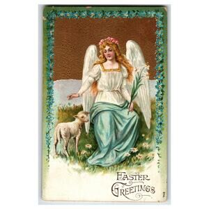 Otto Schloss Easter Greetings Angel Lamb Lilies Postcard Printed Germany Emboss